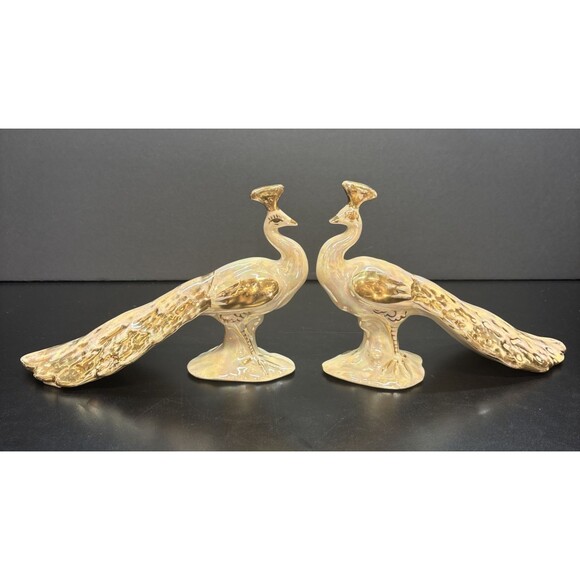 Regal Bel-Air Pottery USA Gold Lusterware Peacock Set of 2 - Picture 1 of 8